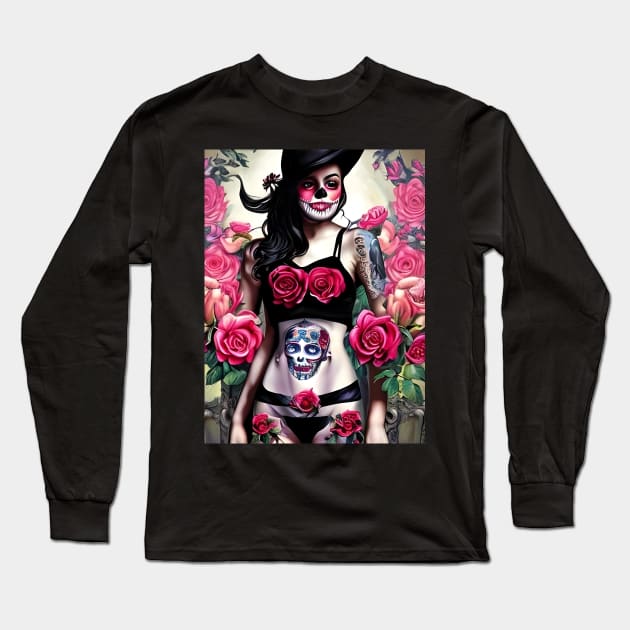 Tattooed Goth Pin Up Girl with Roses Long Sleeve T-Shirt by animegirlnft